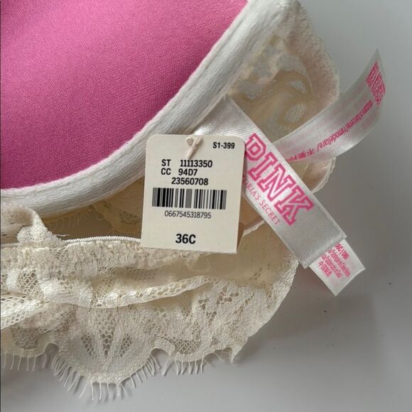 NWT VICTORIA'S SECRET PINK CREAM LACE PUSHUP BRA CROSS BACK FRONT CLOSURE 36C - Picture 5 of 5